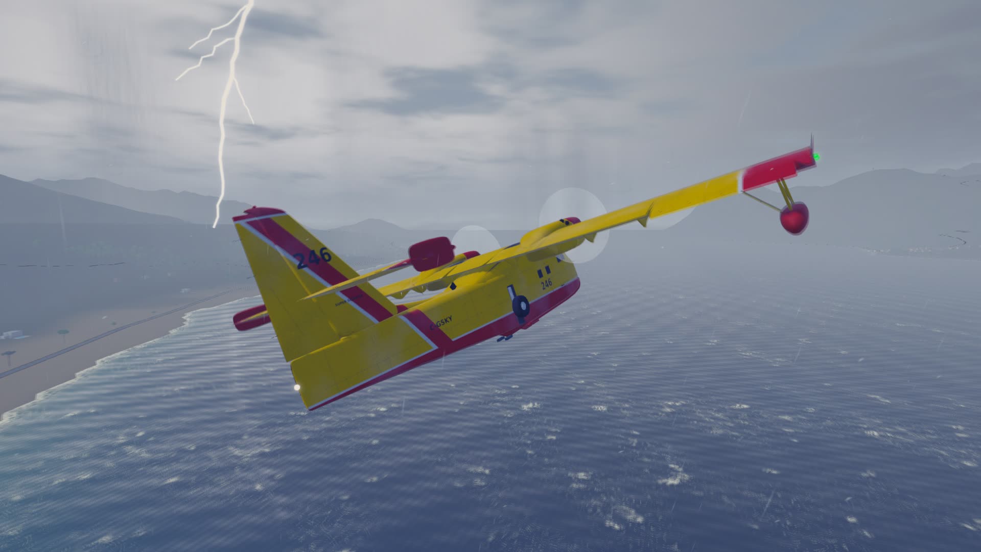 Banking over a rough sea in a storm, lightning behind.